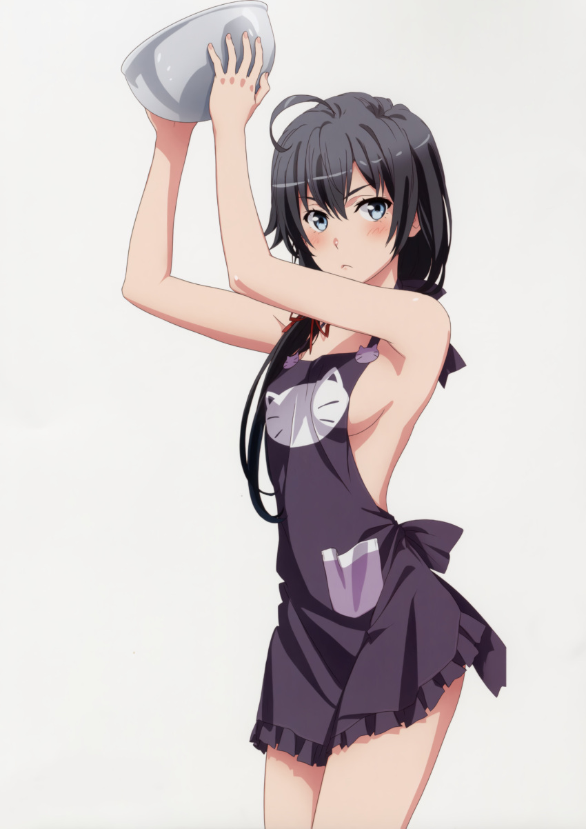 1girl absurdres ahoge apron arms_up bangs bare_arms black_apron black_hair blue_eyes bowl breasts cowboy_shot feet_out_of_frame frown hair_over_shoulder hair_ribbon highres holding holding_bowl long_hair looking_at_viewer naked_apron official_art ribbon scan sideboob sidelocks simple_background small_breasts solo standing white_background yahari_ore_no_seishun_lovecome_wa_machigatteiru. yukinoshita_yukino