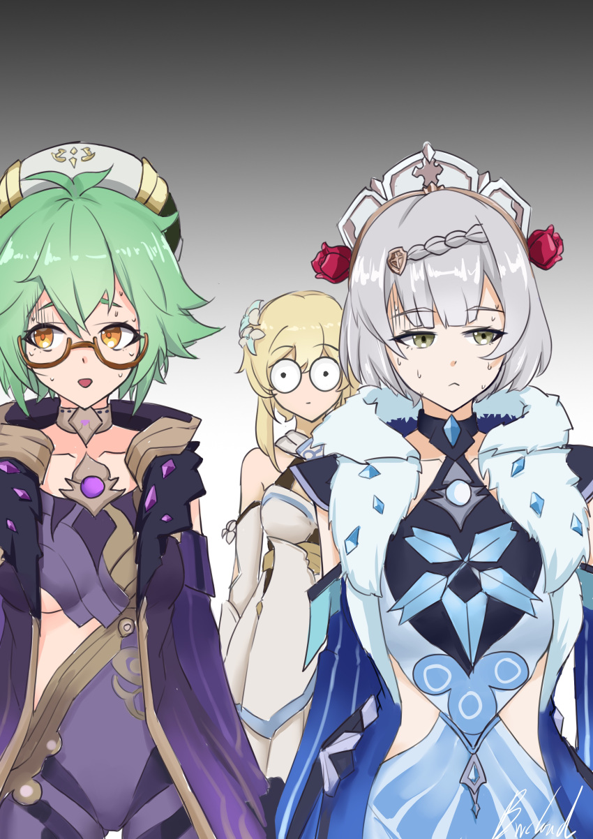 3girls absurdres bare_shoulders blonde_hair bwcloud choker cloak collarbone cryo_cicin_mage_(genshin_impact) diamond_(gemstone) dress electro_cicin_mage_(genshin_impact) eyebrows_visible_through_hair eyelashes flower fur-trimmed_hood fur_trim genshin_impact green_hair hair_flower hair_ornament highres hood hooded_cloak leotard long_sleeves lumine_(genshin_impact) mask mask_removed multiple_girls noelle_(genshin_impact) o_o purple_cloak purple_leotard short_hair simple_background sucrose_(genshin_impact) white_dress white_flower white_hair wide-eyed