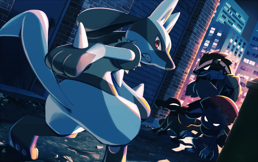 alley brick_wall building clenched_teeth commentary_request gen_4_pokemon gen_7_pokemon gen_8_pokemon leaf looking_at_viewer looking_back lucario mofge night obstagoon outdoors pokemon pokemon_(creature) red_eyes salandit standing teeth weavile window