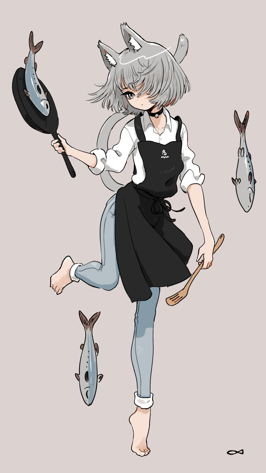 1girl absurdres animal_ears apron bangs barefoot black_apron blue_pants brown_background cat_ears cat_girl cat_tail choker collared_shirt expressionless fishnets frying_pan full_body grey_eyes grey_hair hair_over_one_eye highres holding holding_frying_pan long_sleeves looking_at_viewer medium_hair original pants shirt simple_background solo standing tail tsurunoka white_shirt