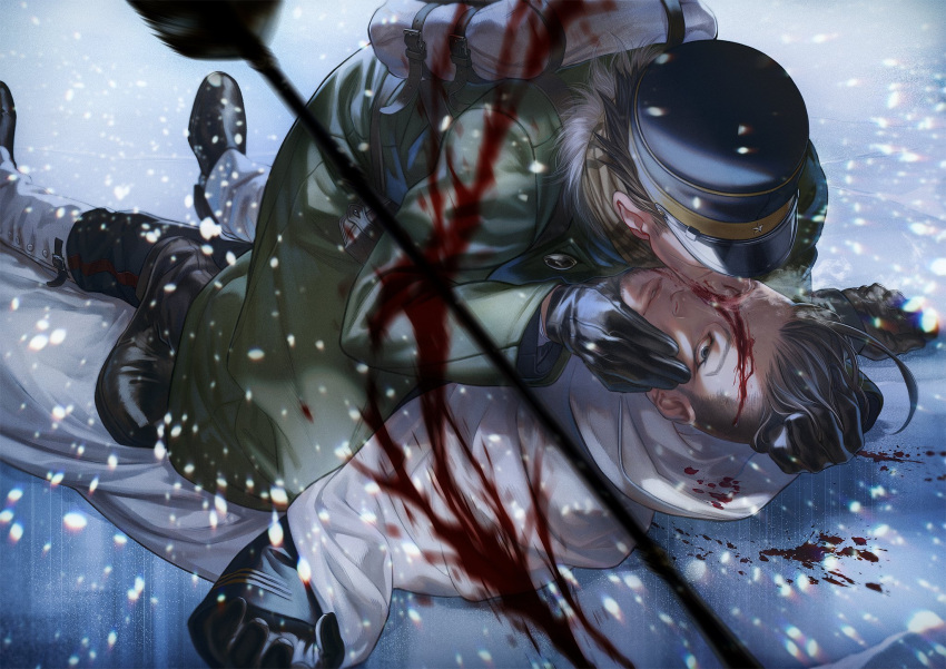 2boys arrow_(projectile) backpack bag black_eyes black_hair blood blood_on_face blood_splatter blood_sucking buttons coat collared_jacket facial_hair full_body golden_kamuy green_coat hair_slicked_back hair_strand hand_on_another's_head hat highres imperial_japanese_army kepi lying male_focus military_hat multiple_boys ogata_hyakunosuke on_back outstretched_arms scar scar_on_cheek scar_on_face scar_on_nose short_hair simple_background snow snowing spiky_hair spoilers spread_arms stubble sucking sugimoto_saichi undercut w55674570w winter_clothes