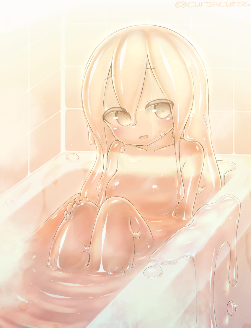 1girl :d bathing batt breasts completely_nude curss hair_between_eyes hand_on_own_knee highres legs_together long_hair looking_at_viewer medium_breasts monster_girl no_nipples nude open_mouth original sitting slime_girl smile solo transparent_skin