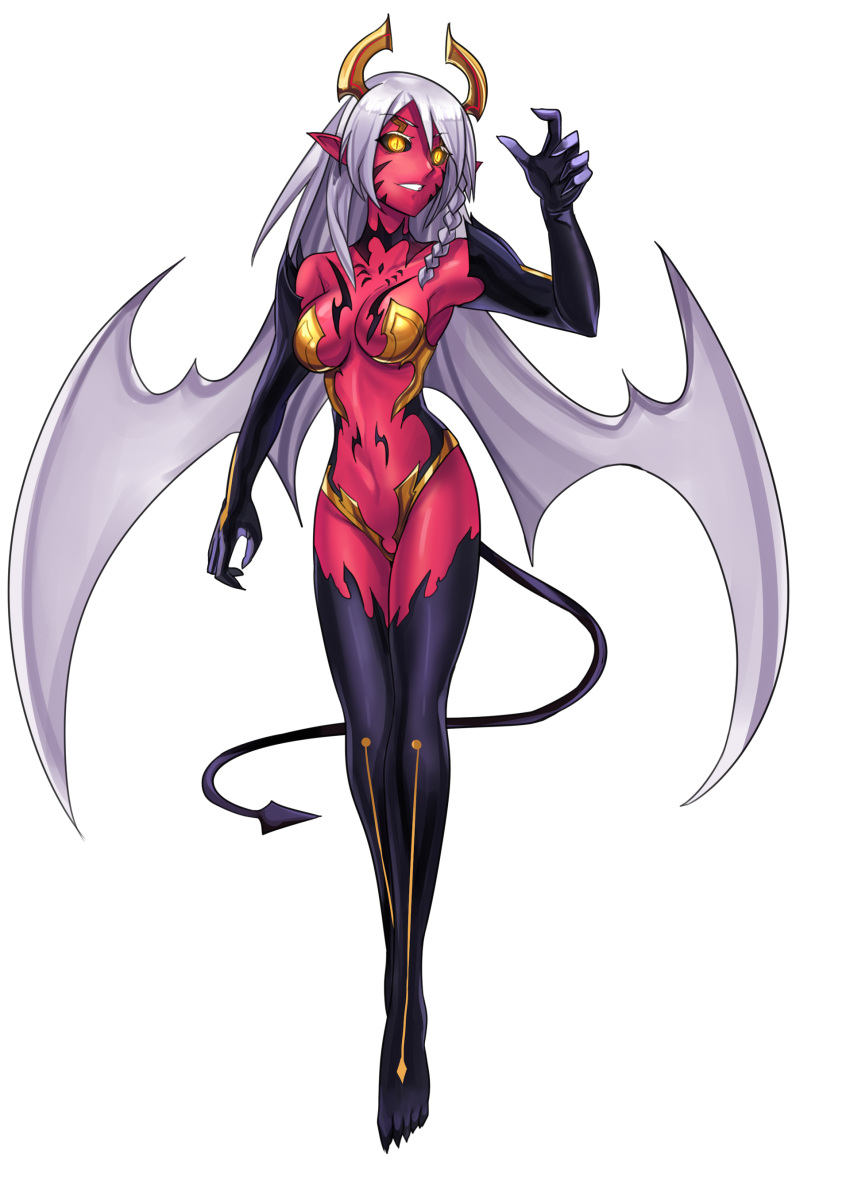 1girl absurdres black_sclera braid colored_sclera colored_skin commission dark_persona demon_girl demon_horns demon_tail english_commentary fingernails full_body glowing glowing_eyes grin hair_wings highres horns ibenz009 long_hair original pointy_ears red_skin second-party_source sharp_fingernails single_braid slit_pupils smile solo tail tattoo transparent_background very_long_hair white_hair yellow_eyes