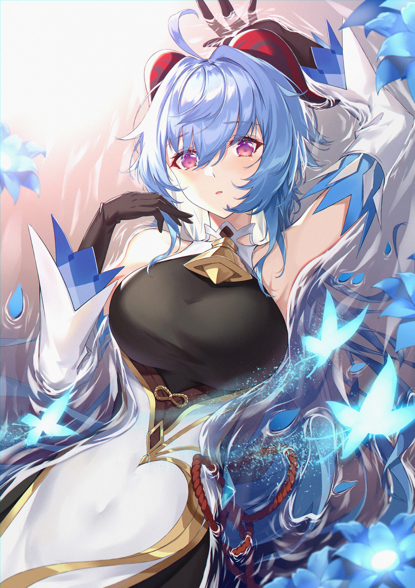 1girl ahoge arm_up armpits augu_(523764197) bare_shoulders bell blue_hair breasts cowbell detached_sleeves flower ganyu_(genshin_impact) genshin_impact gloves goat_horns highres horns large_breasts long_hair long_sleeves looking_at_viewer partially_submerged solo violet_eyes water
