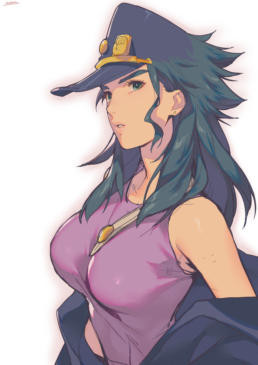 1girl absurdres breasts bright_pupils earrings genderswap genderswap_(mtf) green_eyes green_hair hat hat_pin highres jewelry jojo_no_kimyou_na_bouken kotatsu_(g-rough) kujo_jotaro large_breasts looking_at_viewer off_shoulder outline parted_lips peaked_cap pink_outline purple_headwear purple_shirt shirt simple_background sleeveless sleeveless_shirt solo stardust_crusaders upper_body white_background white_pupils