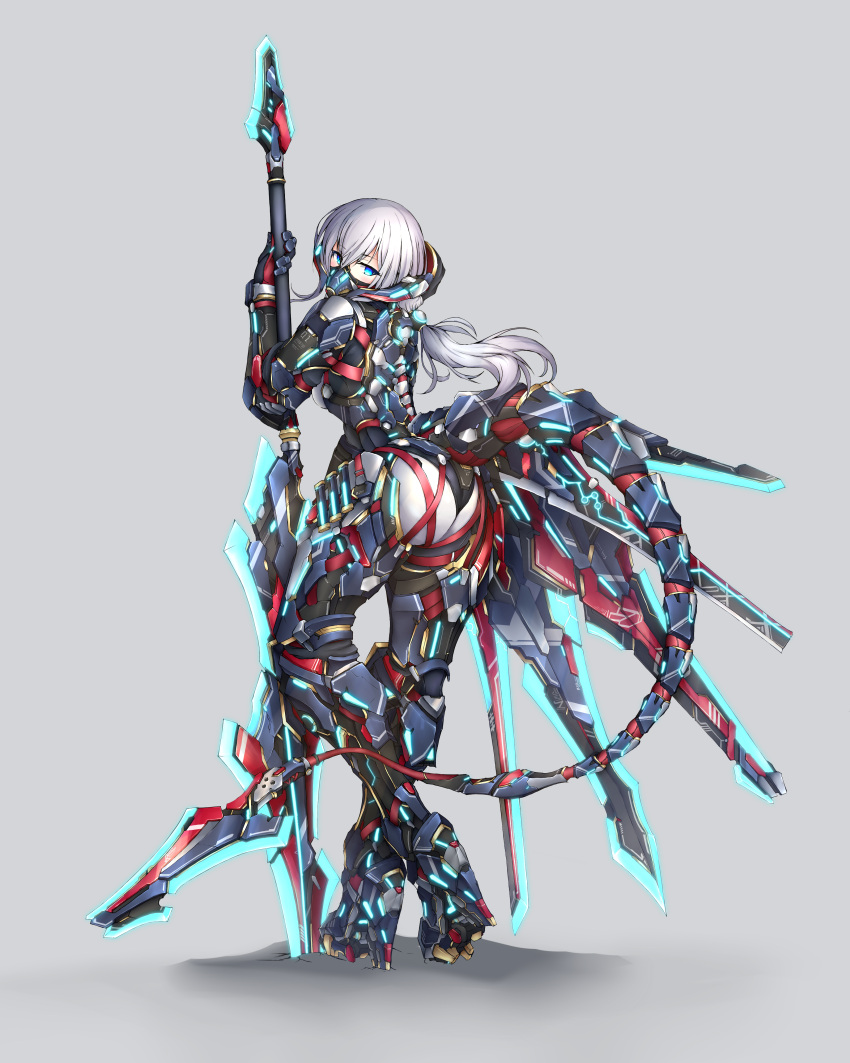 1girl absurdres armor ass blue_eyes bodysuit english_commentary eyebrows_visible_through_hair full_body grey_background headgear highres holding holding_spear holding_weapon hyemalequisetum long_hair looking_at_viewer looking_back mask mecha_musume mechanical_tail neon_trim original planted_weapon polearm solo spear standing tail weapon white_hair