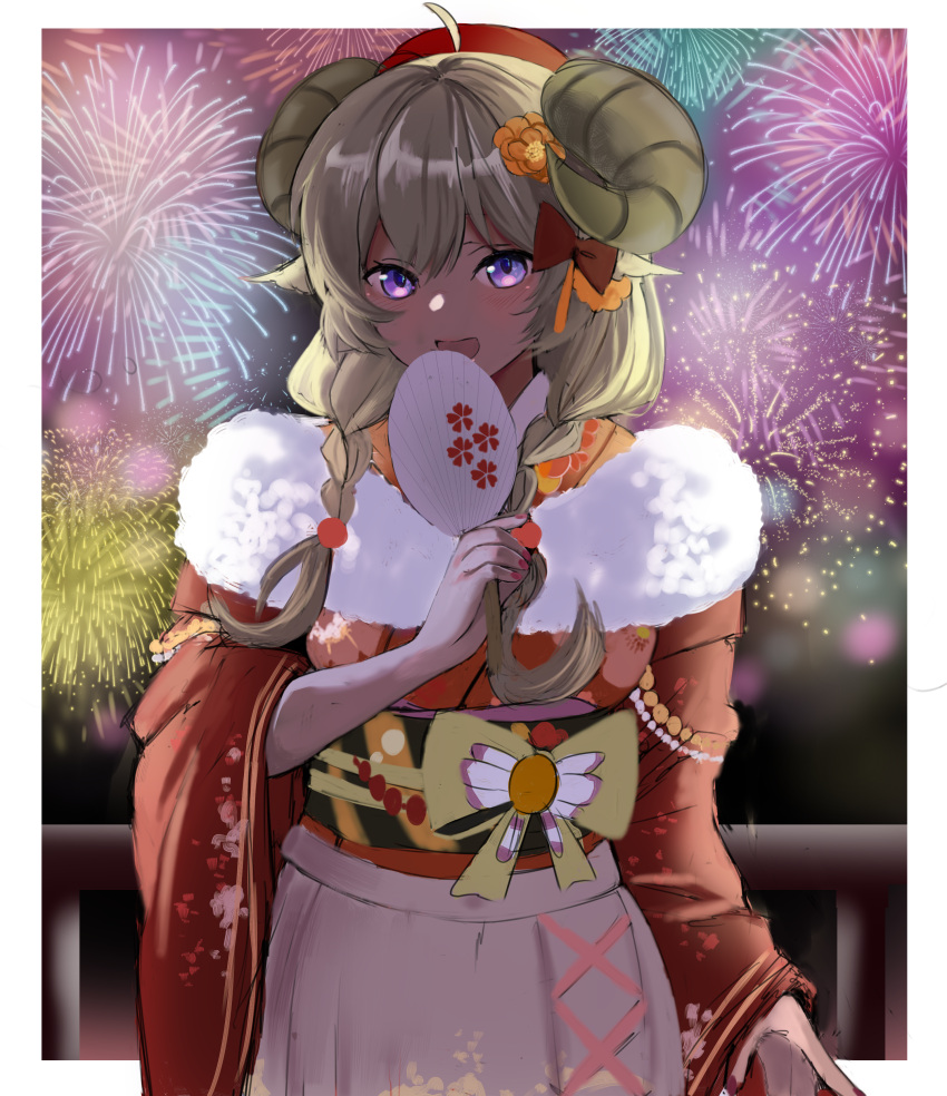 1girl :d absurdres aerial_fireworks ahoge animal_ears blonde_hair blush border bow braid cowboy_shot curled_horns fan fan_over_face fireworks fur-trimmed_kimono fur_trim hair_bow highres holding holding_fan hololive horns japanese_clothes kimono long_hair long_sleeves looking_at_viewer low_braid open_mouth paper_fan railing red_bow red_kimono rye_(hyn_uka) sheep_ears sheep_horns smile solo standing tsunomaki_watame twin_braids violet_eyes white_border