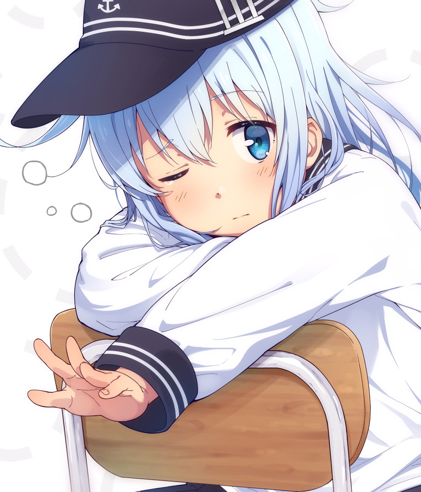 1girl anchor_symbol black_headwear black_sailor_collar blue_eyes blush chair closed_mouth eyebrows_visible_through_hair flat_cap hair_between_eyes hat hibiki_(kantai_collection) highres jabittoson kantai_collection long_hair long_sleeves one_eye_closed sailor_collar school_uniform serafuku silver_hair solo