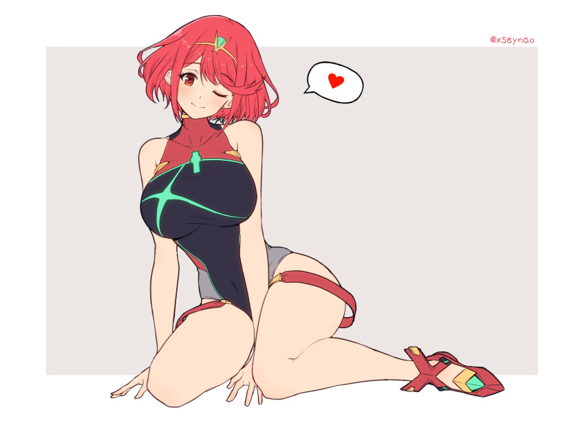 1girl breasts heart highres large_breasts mochimochi_(xseynao) one-piece_swimsuit pyra_(xenoblade) red_eyes redhead simple_background solo swimsuit white_background xenoblade_chronicles_(series) xenoblade_chronicles_2