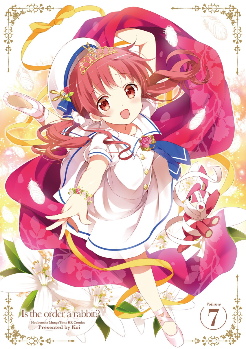 1girl :d artist_name bangs blue_neckwear blue_ribbon blush collarbone copyright_name cover cover_page dancing diadem eyebrows_visible_through_hair floating_hair flower full_body gochuumon_wa_usagi_desu_ka? hair_between_eyes hat hat_ribbon highres koi_(koisan) lily_(flower) long_hair looking_at_viewer miniskirt natsu_megumi novel_illustration official_art open_mouth red_eyes redhead ribbon sailor_collar sailor_shirt shirt short_sleeves skirt smile solo twintails white_flower white_footwear white_headwear white_sailor_collar white_shirt white_skirt