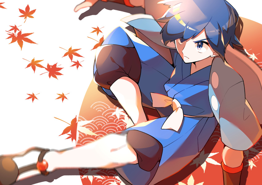 1boy absurdres autumn_leaves bangs blue_hair closed_mouth commentary eyebrows_visible_through_hair falkner_(pokemon) from_above gym_leader highres male_focus pokemon pokemon_(game) pokemon_hgss pon_yui sash shiny shiny_hair shoes short_sleeves sitting solo vambraces white_legwear white_sash