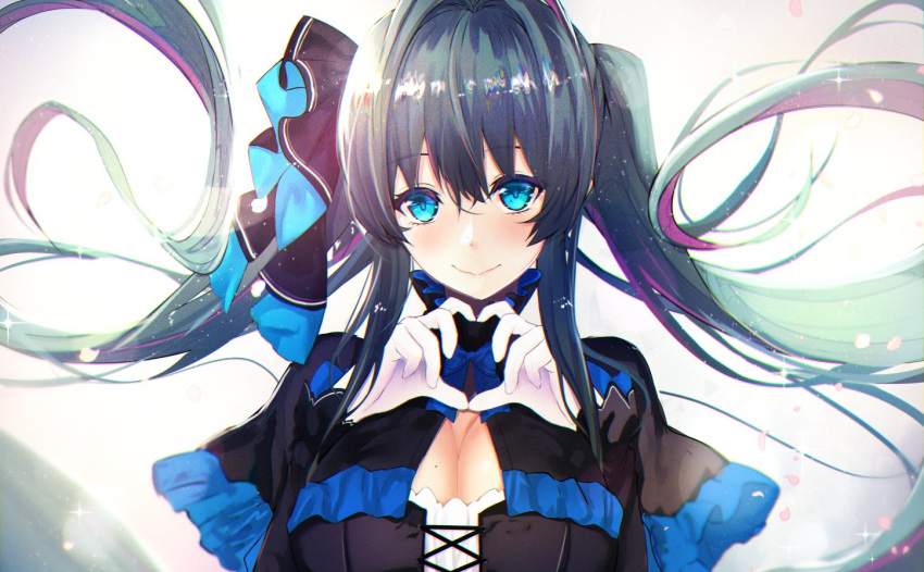1girl aqua_eyes bangs black_capelet black_hair blue_eyes blush breasts capelet closed_mouth colored_inner_hair corset cross-laced_clothes frilled_capelet frills gloves gothic_lolita hair_between_eyes hair_intakes hair_ribbon heart heart_hands high_collar large_breasts lolita_fashion long_hair long_sleeves looking_at_viewer mole mole_on_breast multicolored_hair original pink_hair ribbon smile solo twintails two-tone_hair untue upper_body white_gloves