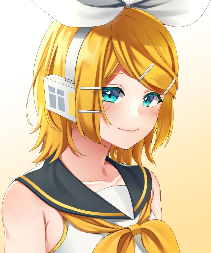 1girl absurdres bangs black_sailor_collar blonde_hair blue_eyes blush bow bow_hairband closed_mouth collarbone collared_shirt hair_bow hair_ornament hairband hairclip headphones highres inu8neko kagamine_rin neckerchief sailor_collar sailor_shirt shiny shiny_hair shirt short_hair simple_background sleeveless sleeveless_shirt smile solo swept_bangs upper_body vocaloid white_background white_bow white_hairband white_shirt yellow_neckwear