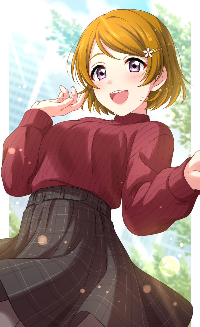 1girl :d absurdres bangs belt black_skirt blurry blurry_background blush breasts brown_hair day depth_of_field eyebrows_visible_through_hair hair_ornament hairclip hand_up highres koizumi_hanayo long_sleeves looking_at_viewer love_live! love_live!_school_idol_project medium_breasts open_mouth outdoors plaid plaid_skirt red_sweater sekina short_hair skirt smile solo sweater swept_bangs upper_teeth violet_eyes