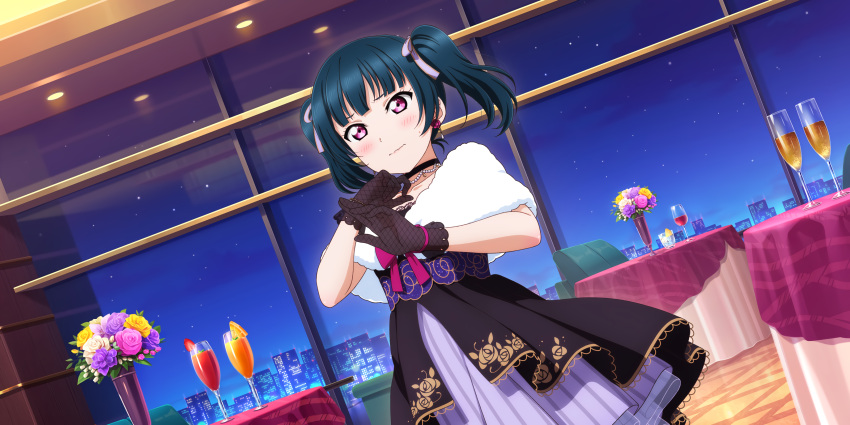 blue_hair blush dress long_hair love_live!_sunshine!! pink_eyes smile tsushima_yoshiko