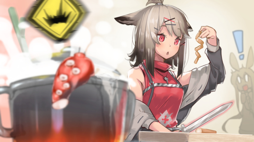 ! 0_0 2girls :o amiya_(arknights) animal_ears arknights arm_up bangs bare_shoulders blush brown_hair cooking cutter_(arknights) cutting_board eyebrows_visible_through_hair food fox_ears fox_tail gradient_hair grey_jacket hair_ornament hairclip hellnyaa highres holding holding_food holding_knife jacket jewelry knife long_sleeves multicolored_hair multiple_girls necklace open_clothes open_jacket open_mouth pot rabbit_ears red_eyes red_shirt shirt solo_focus spring_(season) surprised tail tentacles upper_body x_hair_ornament