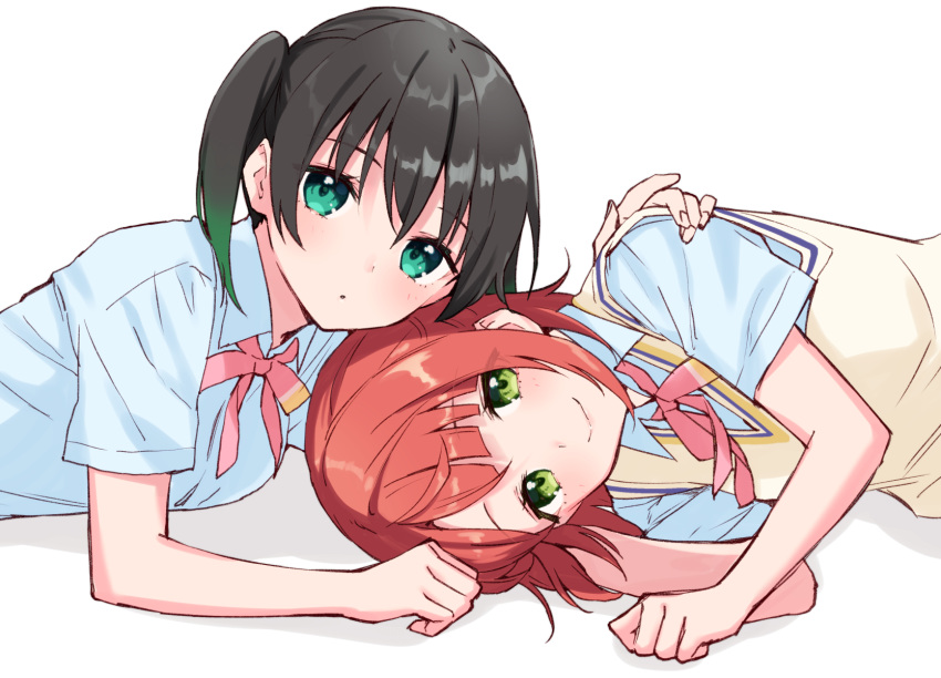 2girls arm_support bangs black_hair blue_shirt blunt_bangs closed_mouth collared_shirt commentary dress_shirt eyebrows_visible_through_hair gradient_hair green_eyes green_hair hair_between_eyes hand_in_hair hand_on_another's_shoulder highres hijiki_(hijikini) light_blush looking_at_viewer love_live! love_live!_nijigasaki_high_school_idol_club lying multicolored_hair multiple_girls neck_ribbon nijigasaki_academy_uniform on_side on_stomach parted_lips pink_neckwear pink_ribbon redhead ribbon school_uniform shiny shiny_hair shirt short_hair short_sleeves simple_background smile sweater_vest takasaki_yuu twintails two-tone_hair uehara_ayumu upper_body white_background