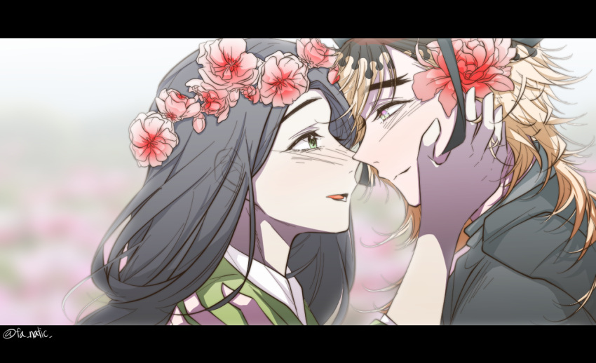 1boy 1girl artist_name black_hair black_sweater blonde_hair blush couple douma_(kimetsu_no_yaiba) ears_visible_through_hair eyebrows_visible_through_hair eyelashes fa_natic field flower forehead from_side green_eyes green_kimono hair_between_eyes hair_flower hair_ornament hand_in_hair hand_on_another's_face hashibira_kotoha hetero hibiscus imminent_hug imminent_kiss japanese_clothes kimetsu_no_yaiba kimono long_hair looking_at_another multicolored multicolored_eyes multicolored_hair open_mouth smile sweater tareme teeth twitter_username