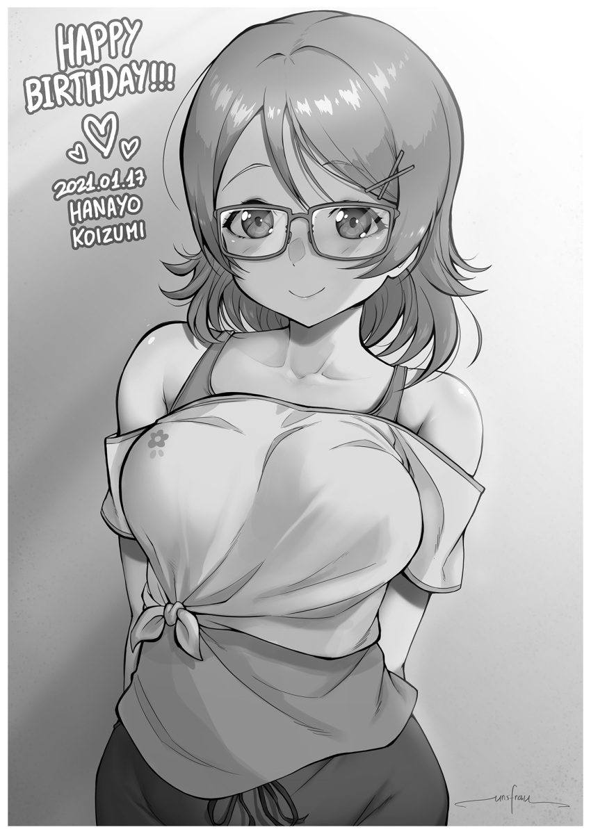 1girl arms_behind_back artist_name bangs bare_shoulders blush border breasts character_name closed_mouth collarbone crop_top dated eyebrows_visible_through_hair glasses gradient gradient_background grey_background greyscale hair_ornament hairclip happy_birthday heart highres koizumi_hanayo looking_at_viewer love_live! love_live!_school_idol_project medium_breasts medium_hair monochrome off-shoulder_shirt off_shoulder pants shiny shiny_hair shirt short_sleeves signature smile solo standing swept_bangs tank_top tied_shirt unsfrau upper_body white_background white_border x_hair_ornament