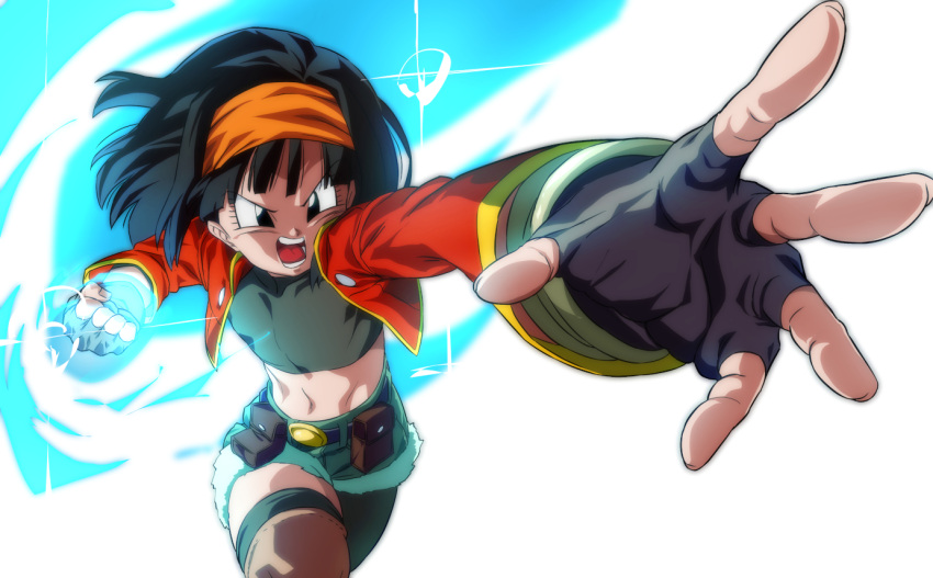 1girl aqua_background asymmetrical_legwear attack bangs belt black_belt black_eyes black_gloves black_hair blunt_bangs clenched_hand contrapposto cowboy_shot crop_top dragon_ball dragon_ball_heroes energy eyelashes facing_viewer fanny_pack fighting_stance fingerless_gloves fingernails flat_chest floating_hair foreshortening frown fur-trimmed_shorts fur_trim gloves glowing green_legwear green_shorts hairband jacket knee_pads leaning_forward looking_afar navel official_style open_clothes open_jacket open_mouth orange_hairband outstretched_hand pan_(xeno)_(dragon_ball) perspective red_jacket rom_(20) serious short_hair short_shorts shorts simple_background single_leg_pantyhose single_thighhigh skin_tight skindentation solo sparkle sparkle_background stomach teeth thigh-highs thighs toned v-shaped_eyebrows white_background