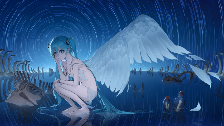 1girl absurdres bangs barefoot blue_eyes blue_hair bottle breasts collarbone full_body groin hair_between_eyes hair_ornament hand_on_own_knee hatsune_miku highres long_hair night night_sky outdoors shiny shiny_hair sky small_breasts solo squatting toyan_8210 twintails very_long_hair vocaloid