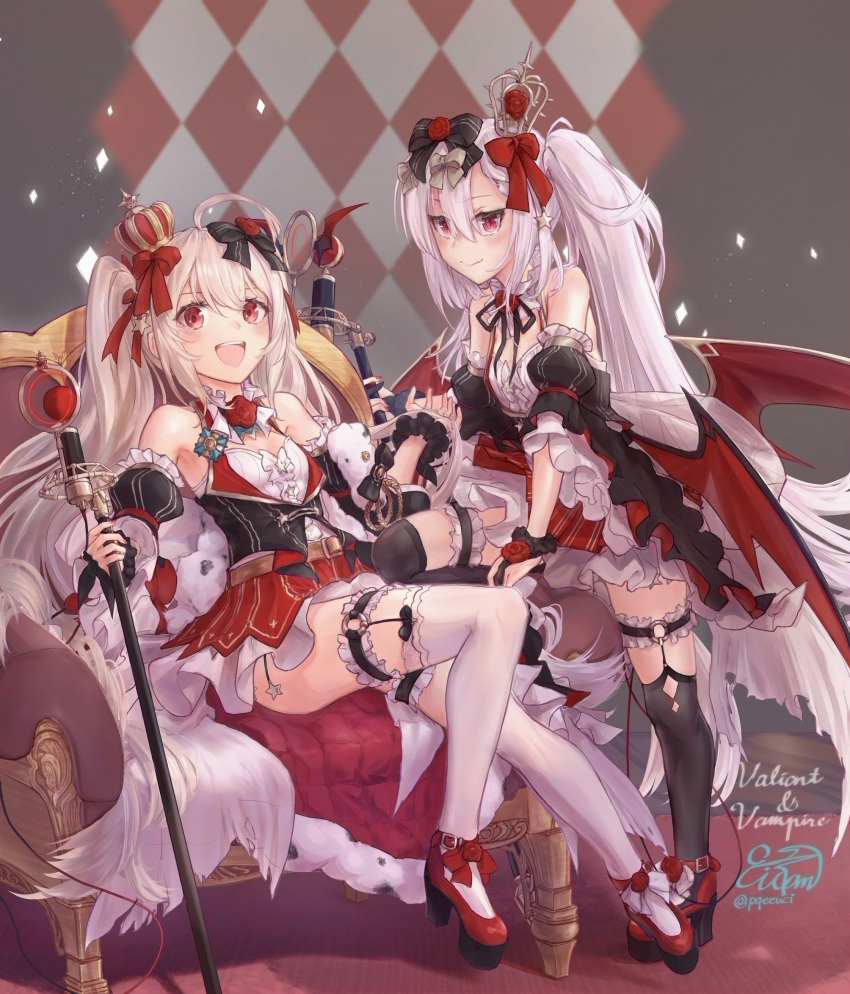 2girls :d ahoge argyle argyle_background azur_lane bangs bare_shoulders black_bow black_dress black_legwear black_sleeves blush bow breasts bridal_gauntlets carpet character_name closed_mouth collar commentary_request couch crossed_legs crown detached_collar detached_sleeves dress eicam eyebrows_visible_through_hair fang fang_out flower frilled_collar frilled_dress frilled_sleeves frills full_body grey_background hair_between_eyes hair_bow hair_ribbon hairstyle_connection high_heels highres holding holding_scepter leg_garter long_hair looking_at_viewer low_wings metal_wings mini_crown multiple_girls o-ring open_mouth puffy_detached_sleeves puffy_sleeves red_bow red_dress red_eyes red_footwear ribbon ringlets rose scepter shadow sidelocks signature silver_hair sitting skin_fang skindentation skirt sleeveless sleeveless_dress slit_pupils small_breasts smile standing standing_on_one_leg thigh-highs thigh_strap twintails twitter_username upper_teeth valiant_(azur_lane) vampire_(azur_lane) very_long_hair white_hair white_legwear wings zettai_ryouiki
