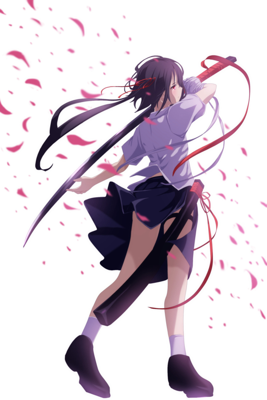 1girl arm_up bandages bangs black_hair closed_mouth floating_hair highres holding holding_sword holding_weapon katana looking_ahead medium_hair mikisai original red_eyes red_ribbon ribbon simple_background solo sword uniform weapon white_background