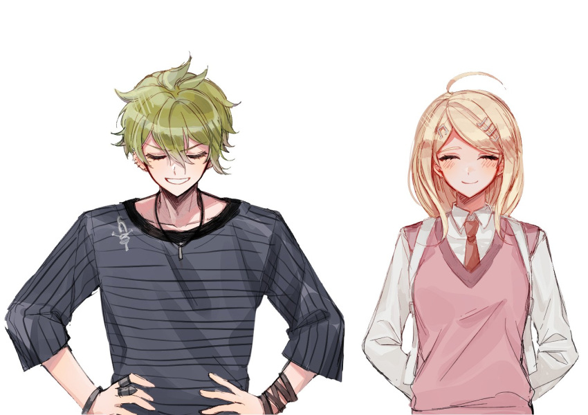 1boy 1girl ahoge akamatsu_kaede amami_rantarou arms_behind_back bangs blonde_hair blush closed_eyes collarbone commentary_request dangan_ronpa_(series) dangan_ronpa_v3:_killing_harmony facing_viewer green_hair grin hair_ornament hands_on_hips jewelry long_sleeves messy_hair musical_note musical_note_hair_ornament necklace necktie raonal97 shirt short_hair simple_background smile sweater_vest upper_body white_background white_shirt