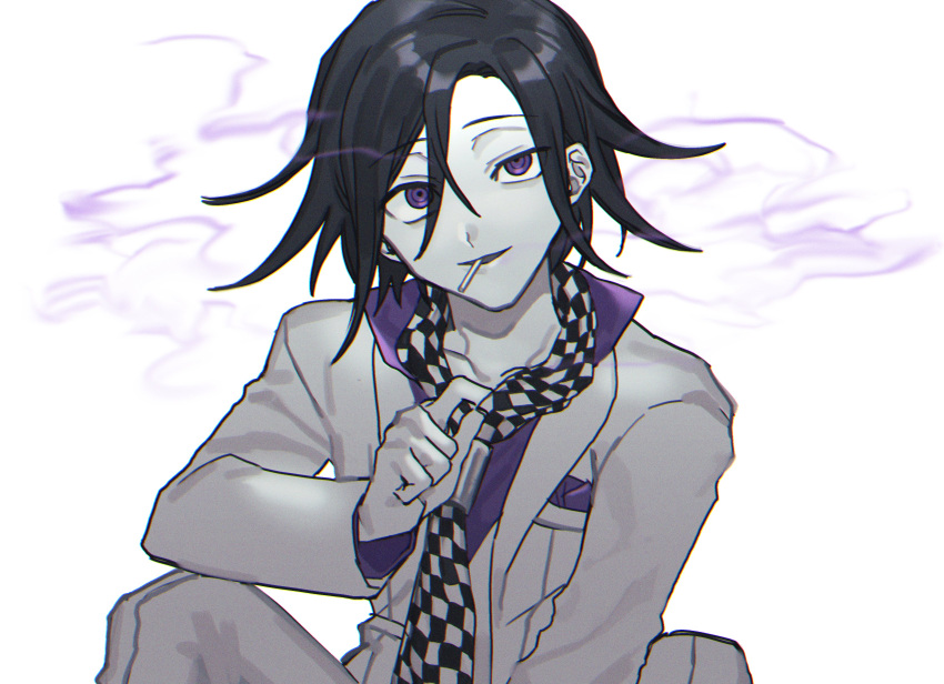 1boy absurdres bangs black_hair breast_pocket checkered checkered_neckwear cigarette collarbone commentary_request dangan_ronpa_(series) dangan_ronpa_v3:_killing_harmony hair_between_eyes highres jacket long_sleeves looking_at_viewer male_focus official_alternate_costume open_mouth ouma_kokichi pale_skin pants pink_shirt pocket shirt short_hair sitting smoke solo straitjacket tong_(kiri_v3) violet_eyes white_jacket white_pants