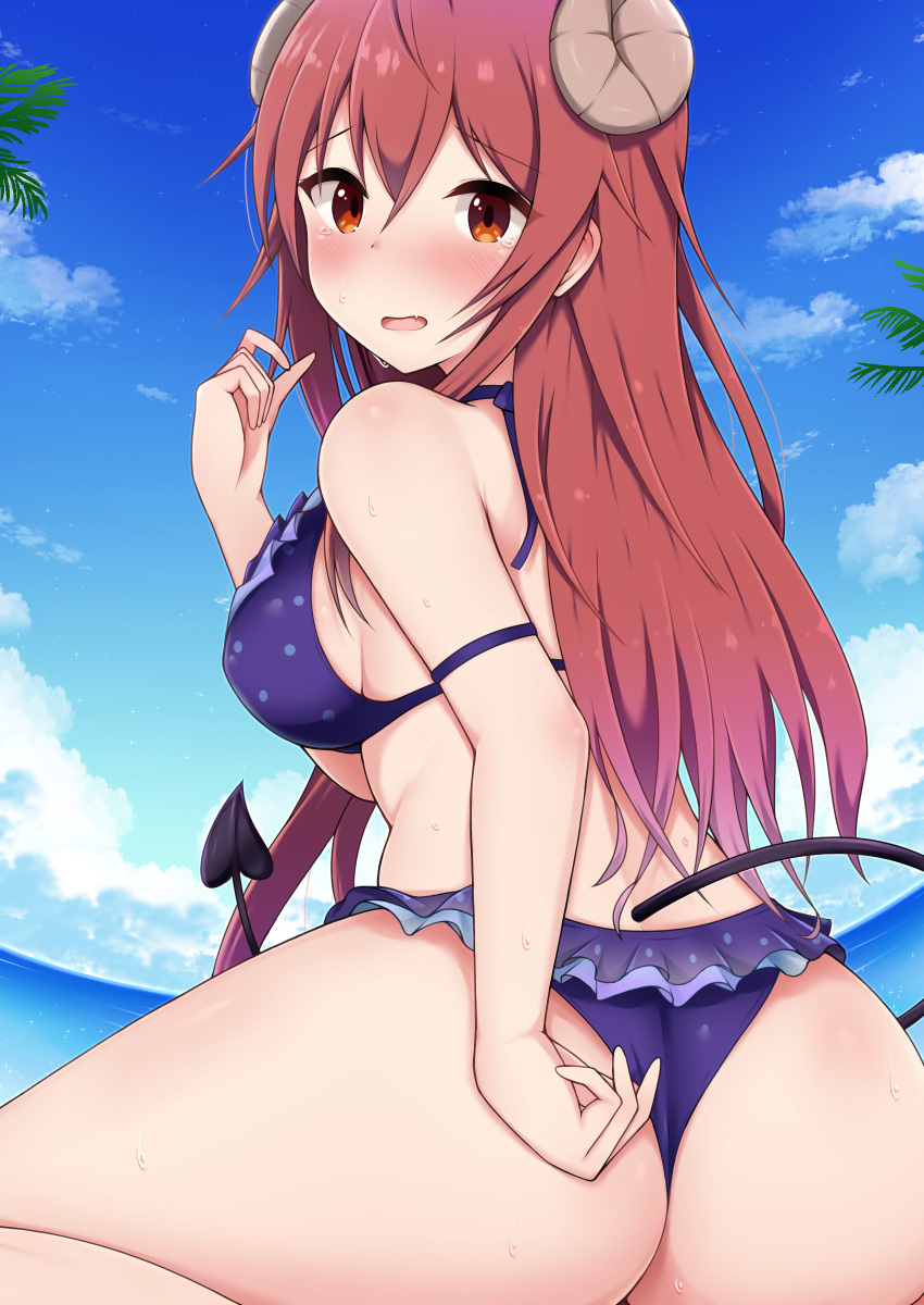 1girl absurdres ass beach bikini blush breasts covered_nipples demon_girl demon_horns fang frilled_bikini frills from_behind highres horns long_hair looking_at_viewer machikado_mazoku medium_breasts ocean open_mouth orange_eyes outdoors redhead sky sura_sura sweat sweatdrop swimsuit tail tears thong thong_bikini yoshida_yuuko_(machikado_mazoku)