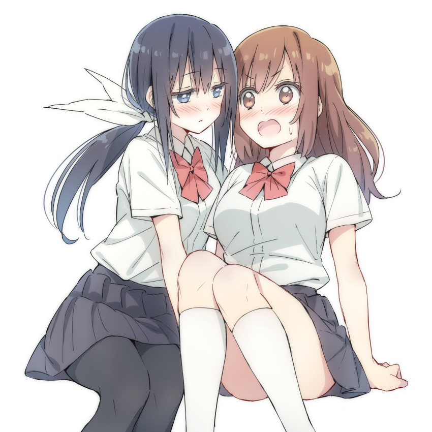 2girls arm_support bangs black_hair black_legwear black_skirt blue_eyes blush bow brown_eyes brown_hair character_request commentary_request copyright_request eyebrows_visible_through_hair hair_ribbon highres long_hair multiple_girls pantyhose parted_lips red_bow ribbon school_uniform shirt sitting skirt socks sweatdrop thighs tsuke_(maholabo) white_background white_legwear white_ribbon white_shirt yuri