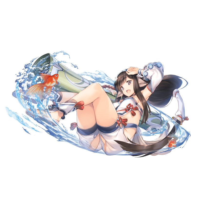 1girl animal_ears bangs breasts brown_eyes brown_hair detached_sleeves fish full_body highres long_hair official_art open_mouth sandals scroll solo tail transparent_background utawareru_mono utawareru_mono:_lost_frag very_long_hair water