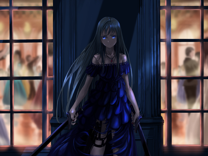 &gt;:) 1girl ballroom bangs bare_shoulders blue_dress blue_eyes blue_hair closed_mouth dress dual_wielding floating_hair frown highres holding holding_sword holding_weapon jewelry long_hair looking_at_viewer mikisai necklace night off-shoulder_dress off_shoulder original outdoors smile solo_focus strapless strapless_dress sword weapon