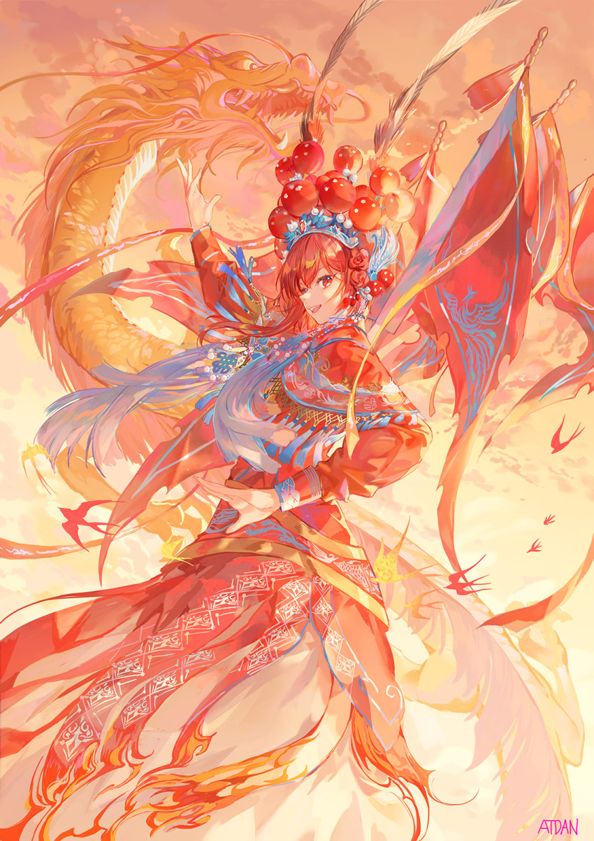 1girl arm_up atdan bird capelet chinese_clothes chiyu_(synthesizer_v) clouds dragon dress eastern_dragon feathers fire flag flower hair_feathers hair_flower hair_ornament headpiece highres long_sleeves looking_at_viewer open_mouth red_dress red_eyes red_theme redhead short_hair_with_long_locks signature smile solo swallow synthesizer_v tassel