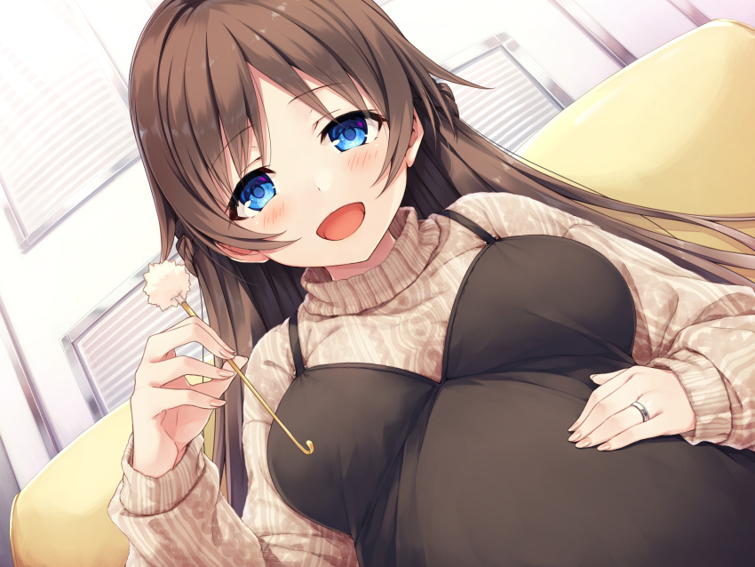 1girl :d bangs black_shirt blue_eyes braid breasts brown_hair brown_sweater commentary_request couch eyebrows_visible_through_hair hasumi_(hasubatake39) highres holding indoors jewelry long_hair looking_at_viewer medium_breasts mimikaki monobeno open_mouth ring shirt simple_background sitting sleeveless sleeveless_shirt smile solo sweater turtleneck turtleneck_sweater upper_body wedding_ring