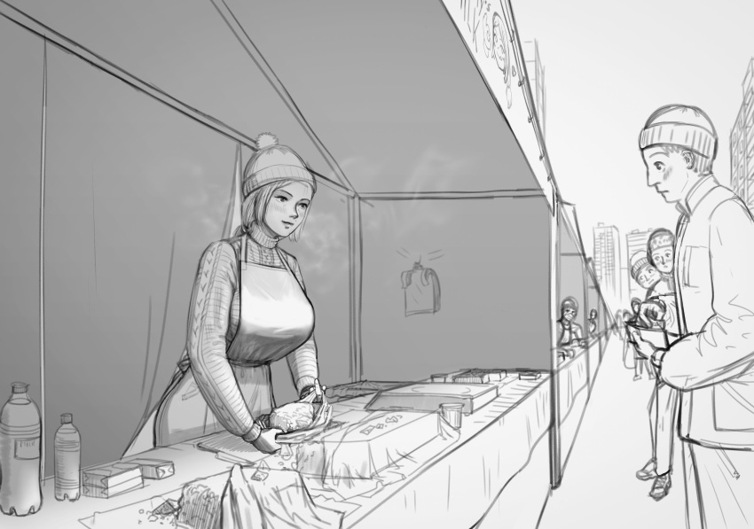 1girl 4boys absurdres apron bottle breasts building food greyscale hat highres holding knife large_breasts long_sleeves monochrome multiple_boys original ponytail profile steam vanishing_point wassnonnam