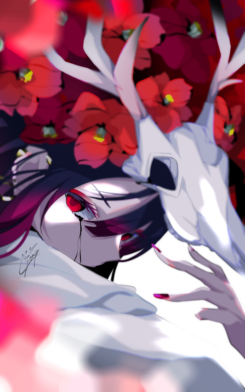 1girl absurdres animal_skull black_hair black_tears camellia close-up crying flower goma_irasuto gradient_hair hair_between_eyes hair_flower hair_ornament highres multicolored_hair original red_eyes red_flower red_nails redhead signature skull solo