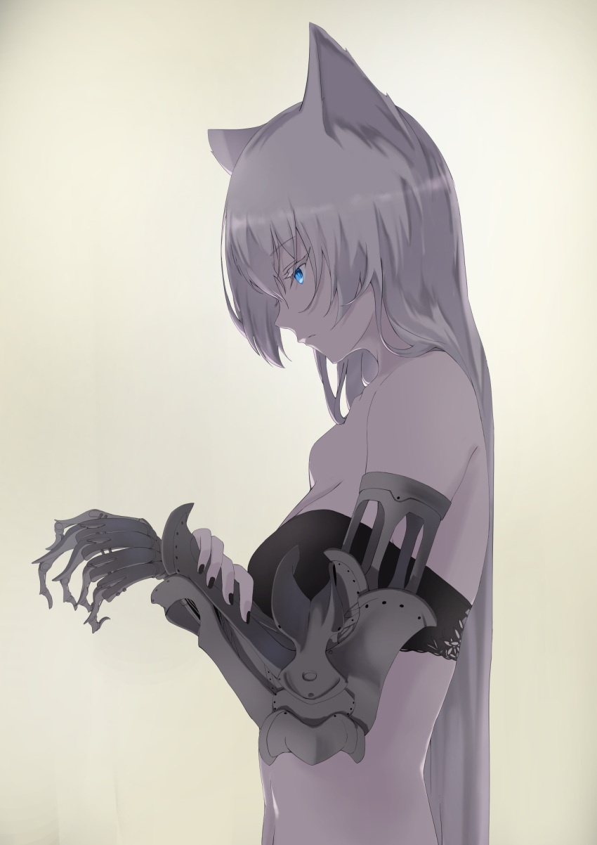 1girl animal_ears aqua_eyes bangs breasts grey_hair hair_ears highres holding holding_arm long_hair looking_at_hand mechanical_arm medium_breasts mikisai open_mouth original profile prosthesis sidelocks solo underwear
