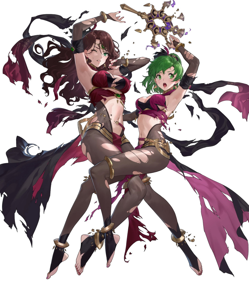 2girls bangs bodysuit breasts dorothea_arnault ekao fire_emblem fire_emblem:_genealogy_of_the_holy_war fire_emblem:_three_houses fire_emblem_heroes full_body highres large_breasts lene_(fire_emblem) loincloth long_hair multiple_girls official_art pelvic_curtain revealing_clothes skin_tight transparent_background