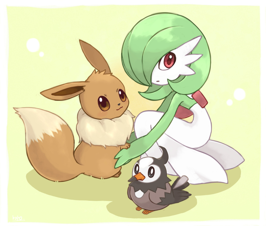 1girl :3 artist_name bangs bird black_sclera bob_cut border brown_eyes closed_mouth colored_sclera colored_skin commentary_request eevee flat_chest from_behind from_side gardevoir gen_1_pokemon gen_3_pokemon gen_4_pokemon green_hair green_skin hair_over_one_eye happy highres looking_at_viewer looking_back multicolored multicolored_skin pokemon pokemon_(creature) red_eyes rorosuke short_hair signature simple_background smile squatting starly two-tone_skin white_border white_eyes white_skin yellow_background