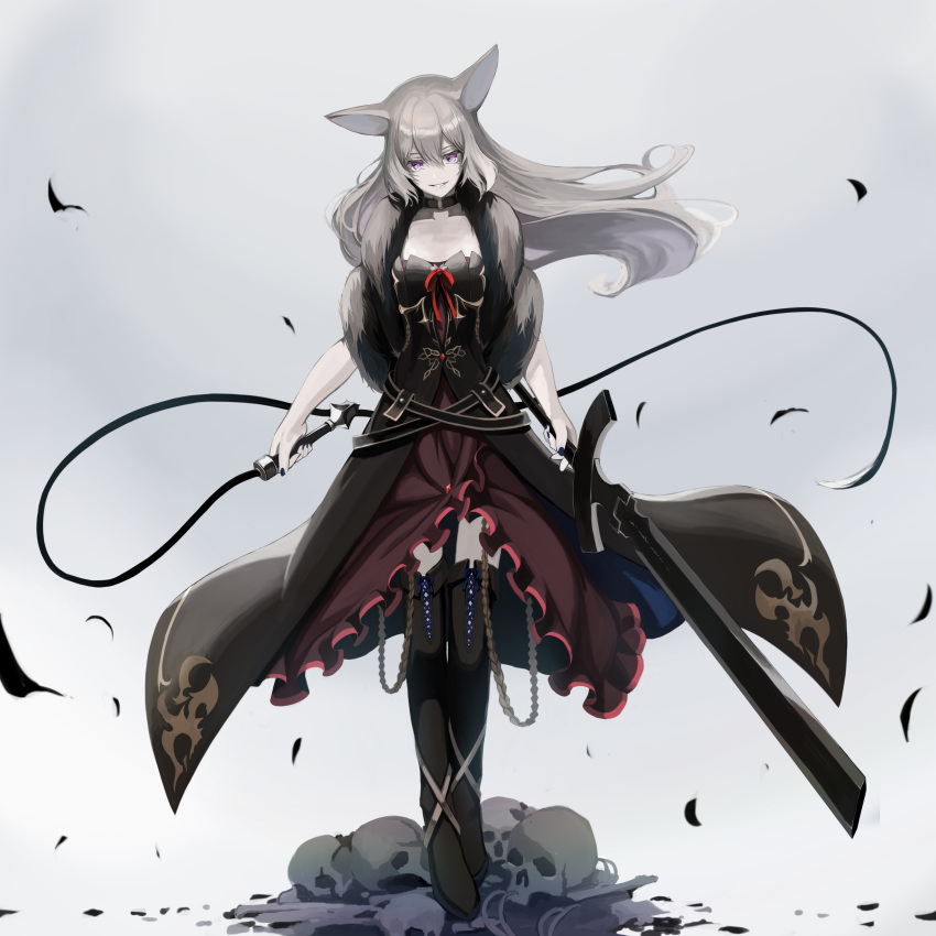 1girl absurdres animal_ears bangs breasts dress frilled_dress frills full_body grey_background grey_hair highres holding holding_sword holding_weapon long_hair looking_at_viewer mikisai open_mouth original sidelocks simple_background skull small_breasts smile solo sword violet_eyes weapon