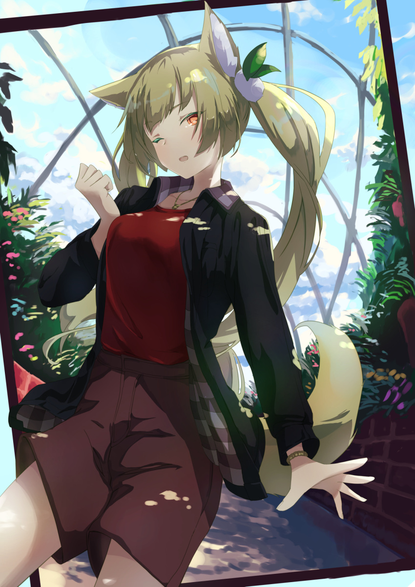 1girl animal_ears arm_up bangs blonde_hair breasts day eyebrows_visible_through_hair flower garden hair_ornament highres jewelry large_breasts leaf long_hair looking_at_viewer mikisai necklace one_eye_closed open_mouth orange_eyes original sidelocks solo tail twintails upper_teeth wristband yellow_tail