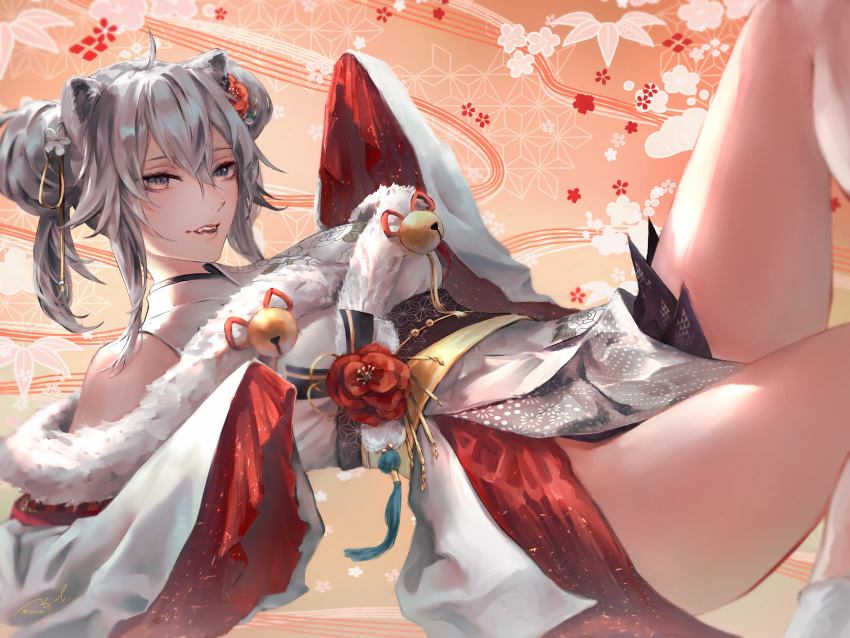 1girl absurdres ahoge animal_ears bangs bell breasts commentary double_bun fangs feet_out_of_frame floral_background flower fur-trimmed_kimono fur_trim grey_eyes grey_hair hair_flower hair_ornament hair_tie highres hololive huge_filesize japanese_clothes kimono large_breasts lion_ears mr.holmes obi sash shishiro_botan short_hair sidelocks solo thighs virtual_youtuber