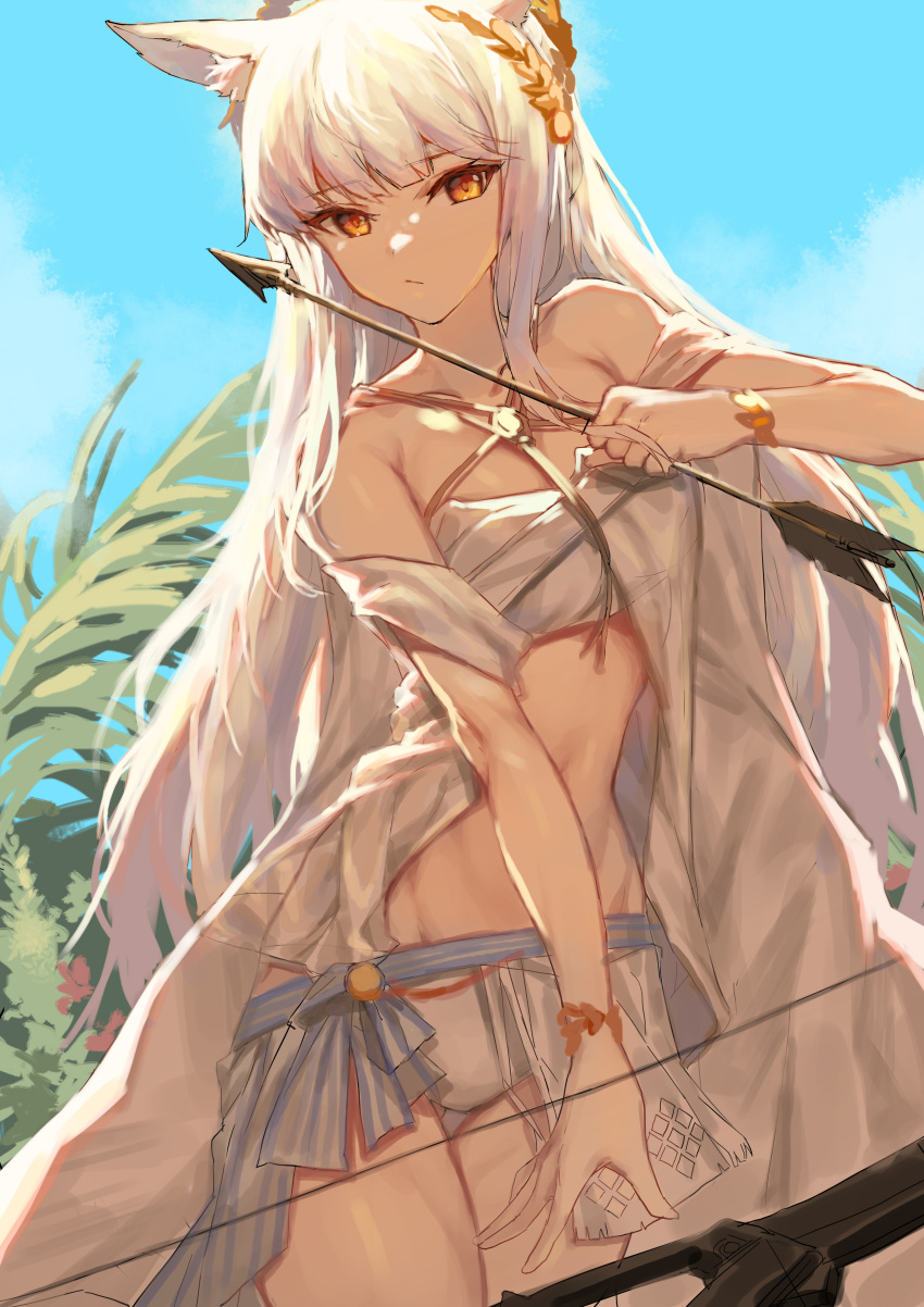 1girl :/ absurdres animal_ear_fluff animal_ears arknights arrow_(projectile) bangs bare_shoulders bikini blunt_bangs bow_(weapon) breasts cowboy_shot criss-cross_halter crossbow eyebrows_visible_through_hair gold halterneck highres horse_ears laurel_crown long_hair looking_at_viewer midriff molyb official_alternate_costume orange_eyes palm_leaf platinum_(arknights) platinum_(sunny_dew)_(arknights) silver_hair small_breasts solo standing swimsuit thighs tropical very_long_hair weapon white_bikini