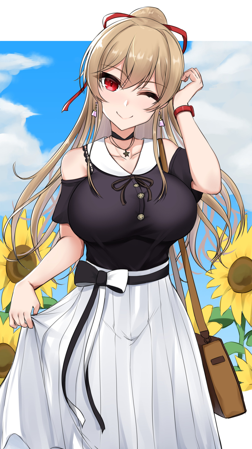1girl absurdres bag bare_shoulders black_bow black_shorts bow breasts brown_hair closed_mouth clothing_cutout clouds day earrings eyebrows_visible_through_hair flower furen_e_lustario hair_ribbon highres holding holding_bag jewelry kirikan large_breasts long_hair looking_at_viewer necklace nijisanji one_eye_closed outdoors outside_border pleated_skirt ponytail red_eyes red_ribbon ribbon shirt_tucked_in short_sleeves shorts shoulder_cutout skirt skirt_hold sky smile solo standing star_(symbol) star_necklace sunflower two-tone_bow very_long_hair virtual_youtuber watch watch white_bow white_skirt