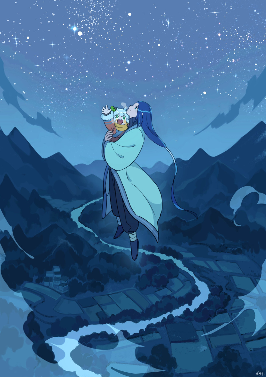 2boys absurdres abyff14 arm_up black_hair clouds flying highres holding_another long_hair luoxiaohei mountain multiple_boys night outdoors profile river short_hair sky star_(sky) starry_sky the_legend_of_luo_xiaohei very_long_hair white_hair wide_shot wuxian_(the_legend_of_luoxiaohei)