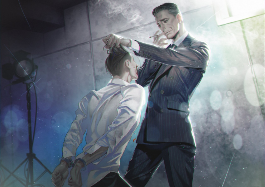 2boys back black_eyes black_hair black_suit blood blood_on_face character_request cigarette collared_jacket contrapposto cuffs feet_out_of_frame golden_kamuy hair_grab handcuffs highres holding holding_cigarette kikuta_mokutaro light_particles long_sleeves male_focus multiple_boys nosebleed pants shirt short_hair smoking striped striped_jacket striped_pants sunlight w55674570w white_shirt