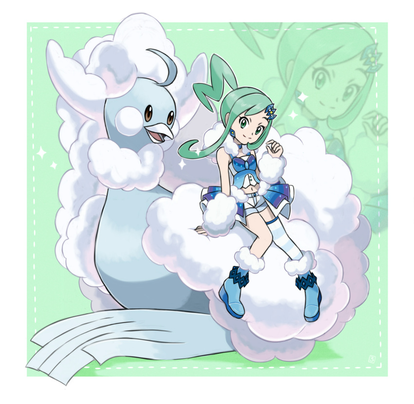 1girl altaria bangs bare_shoulders blue_choker blue_footwear blue_legwear blue_shorts blush_stickers boots border brown_eyes choker closed_mouth commentary_request earrings flat_chest full_body fur-trimmed_footwear gen_3_pokemon green_background green_eyes green_hair hair_ornament hairclip hand_up happy high_ponytail highres jewelry knees_together_feet_apart lisia_(pokemon) long_hair looking_at_another looking_at_viewer mega_altaria mega_pokemon navel open_mouth outline pokemon pokemon_(creature) pokemon_(game) pokemon_oras rorosuke shiny shiny_hair shirt short_shorts shorts showgirl_skirt sidelocks simple_background single_thighhigh sitting sleeveless sleeveless_shirt smile sparkle stomach striped striped_legwear thigh-highs tied_hair white_border white_outline zoom_layer