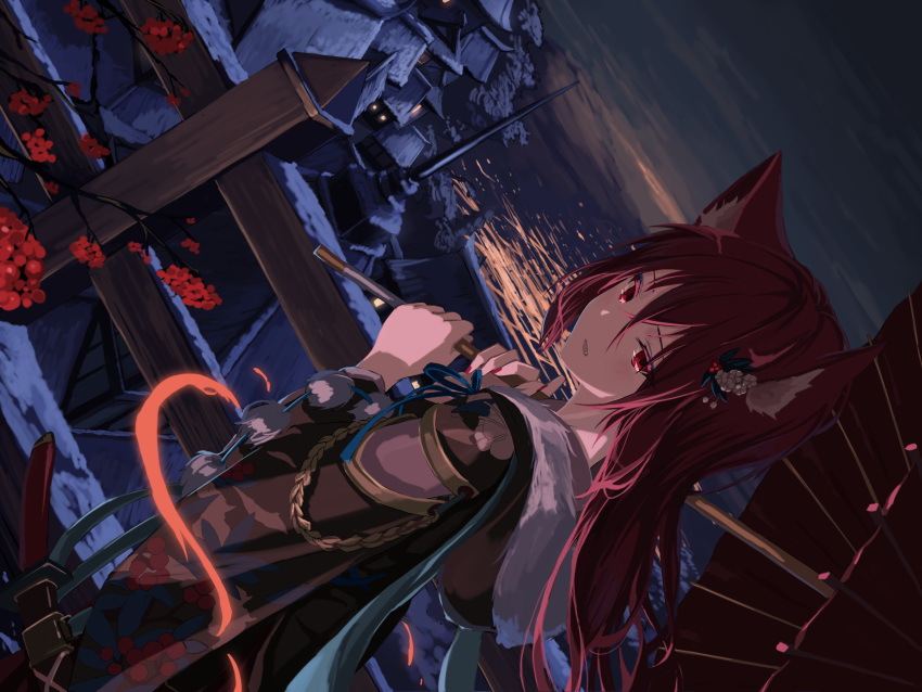 1girl animal_ears arms_up bangs blue_ribbon hair_ornament highres holding holding_umbrella long_hair looking_at_viewer mikisai night oil-paper_umbrella open_mouth original red_eyes redhead ribbon sidelocks solo sword umbrella weapon