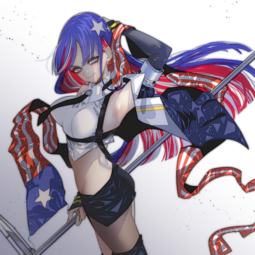 1girl american_flag anno88888 arm_up bangs black_neckwear black_skirt blue_eyes blue_hair breasts closed_mouth commentary_request eyebrows_visible_through_hair flag gradient gradient_background highres holding holding_flag jacket kantai_collection large_breasts long_hair long_sleeves looking_at_viewer multicolored_hair necktie redhead shirt simple_background single_leg_pantyhose skirt sleeveless sleeveless_shirt solo south_dakota_(kantai_collection) star_(symbol) white_hair white_shirt